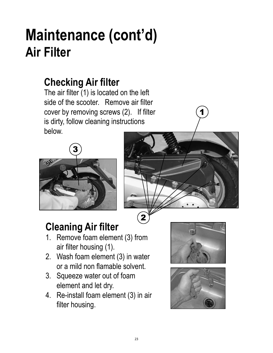 Maintenance (cont’d), Air filter, Checking air filter | Cleaning air filter | Baja Motorsports SC50P User Manual | Page 26 / 42