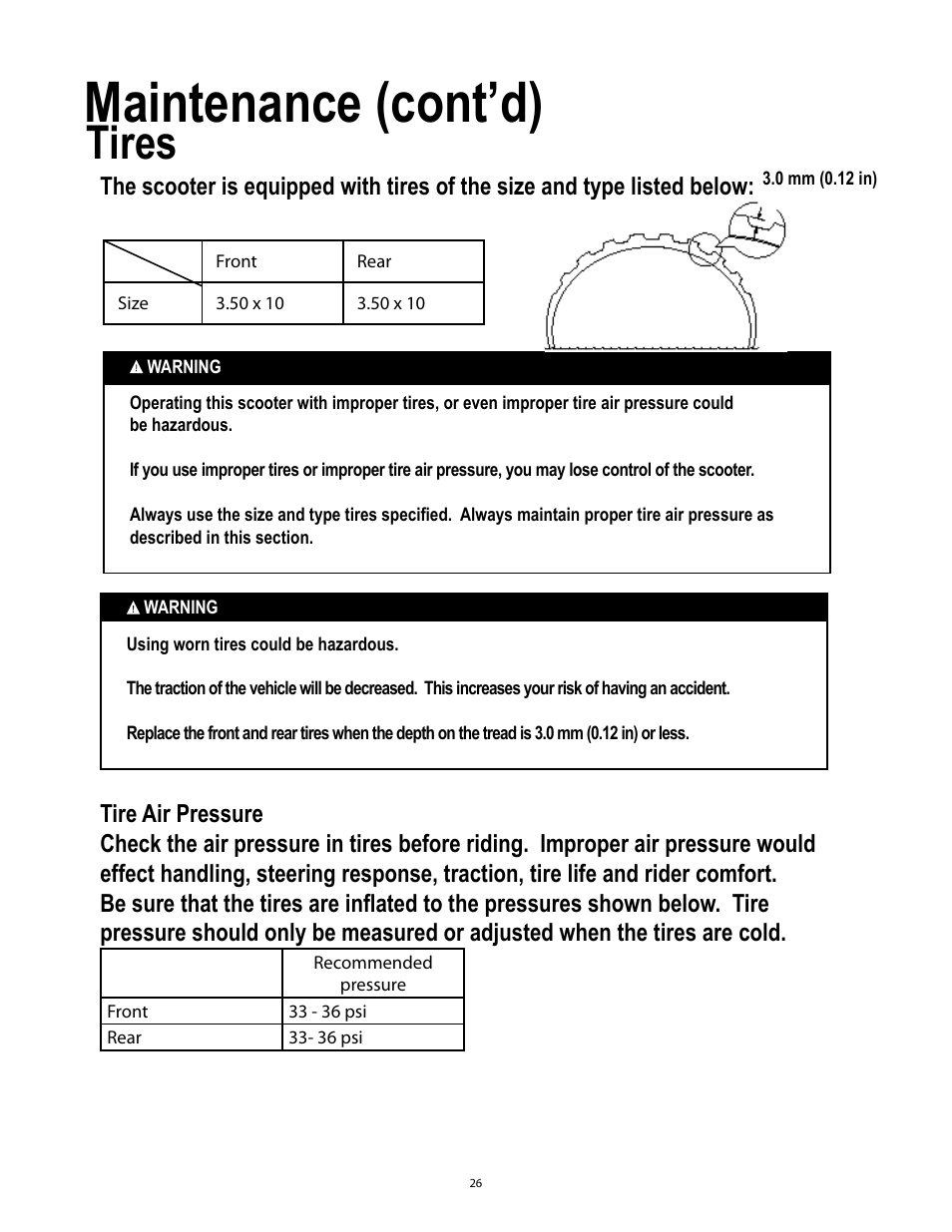 Maintenance (cont’d), Tires | Baja Motorsports SC50P User Manual | Page 29 / 42