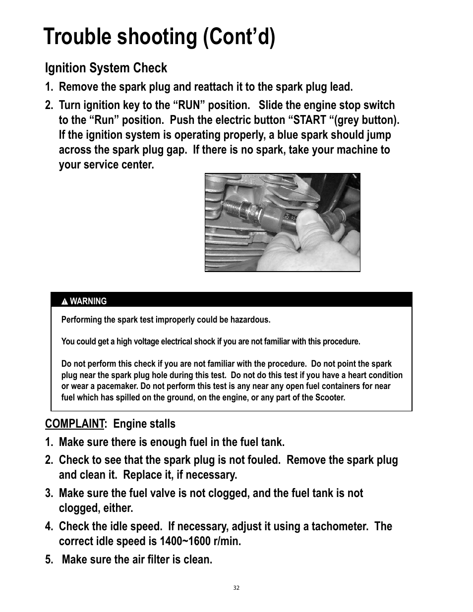 Trouble shooting (cont’d), Ignition system check | Baja Motorsports SC50P User Manual | Page 35 / 42