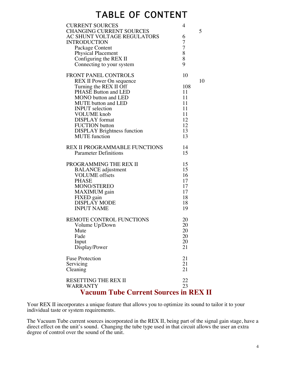 Table of content, Vacuum tube current sources in rex ii | Balanced Audio REX II Preamplifier User Manual | Page 4 / 25
