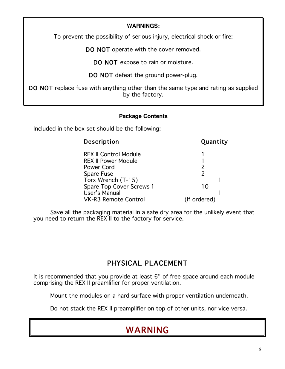 Warning | Balanced Audio REX II Preamplifier User Manual | Page 8 / 25