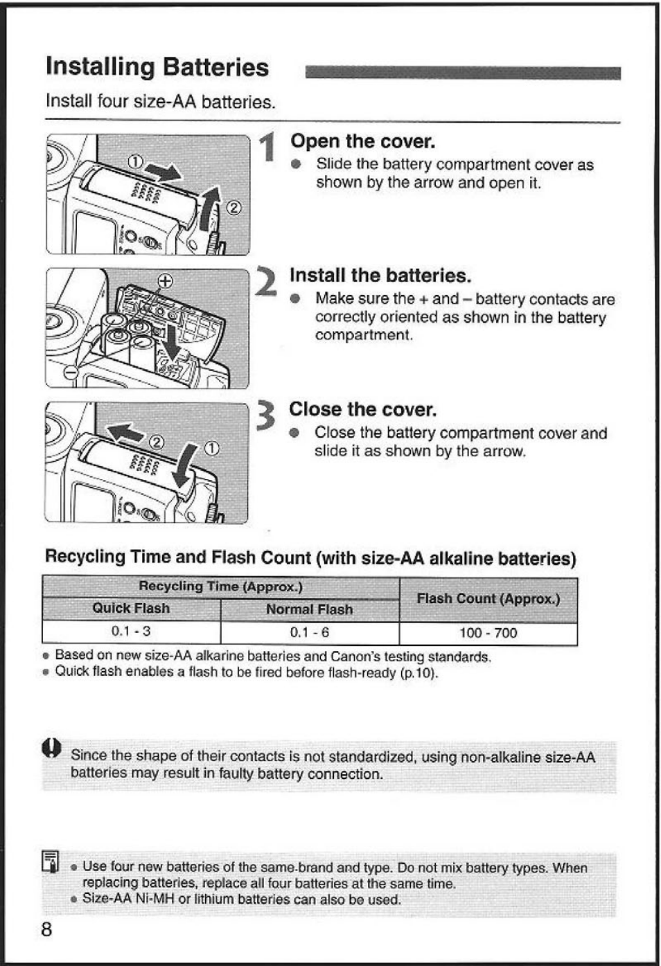 Installing batteries, Install four size-aa batteries. open the cover, Install the batteries | Close the cover | Canon 580EX User Manual | Page 10 / 58