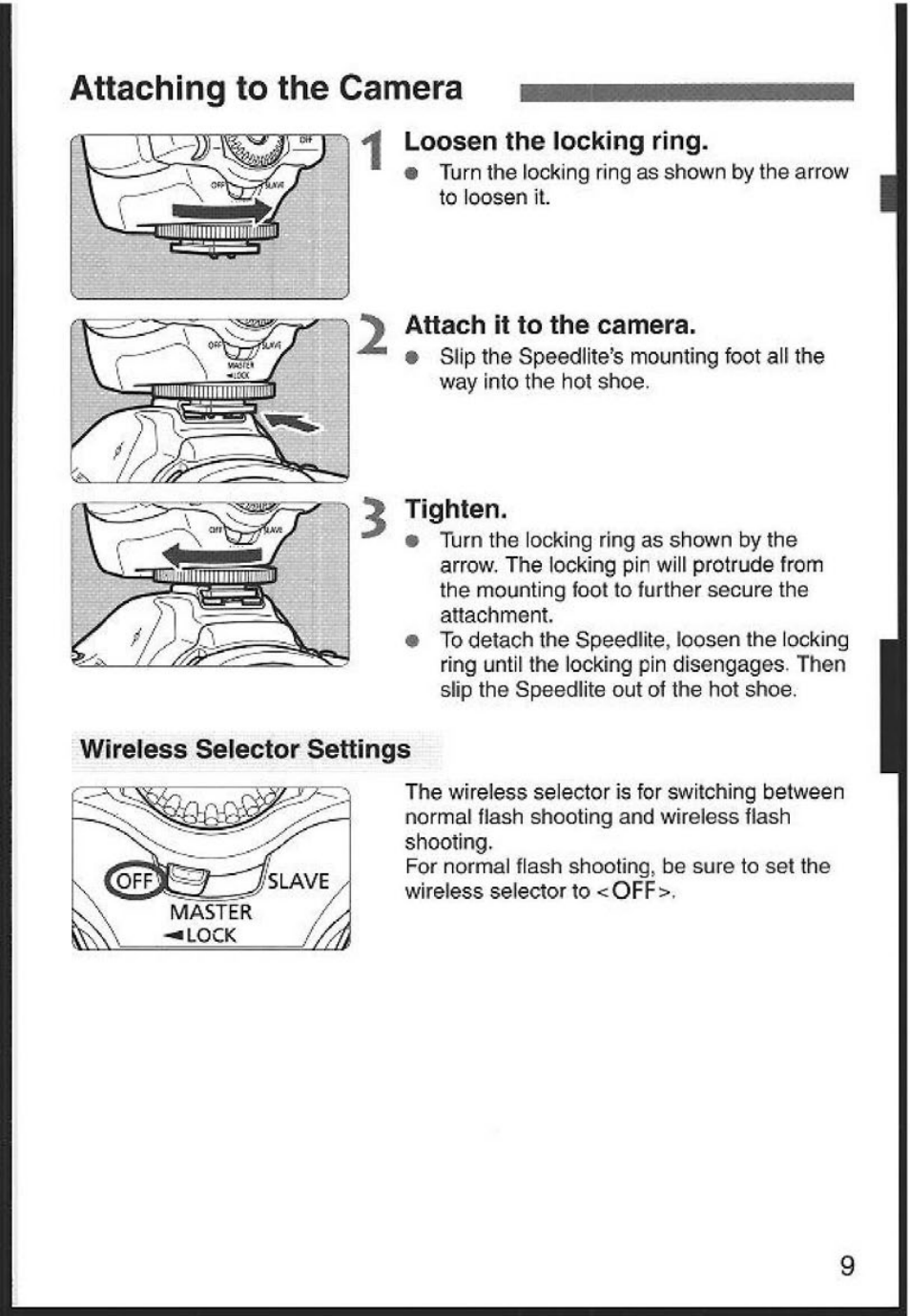 Loosen the locking ring, Attach it to the camera, Tighten | Wireless selector settings | Canon 580EX User Manual | Page 11 / 58
