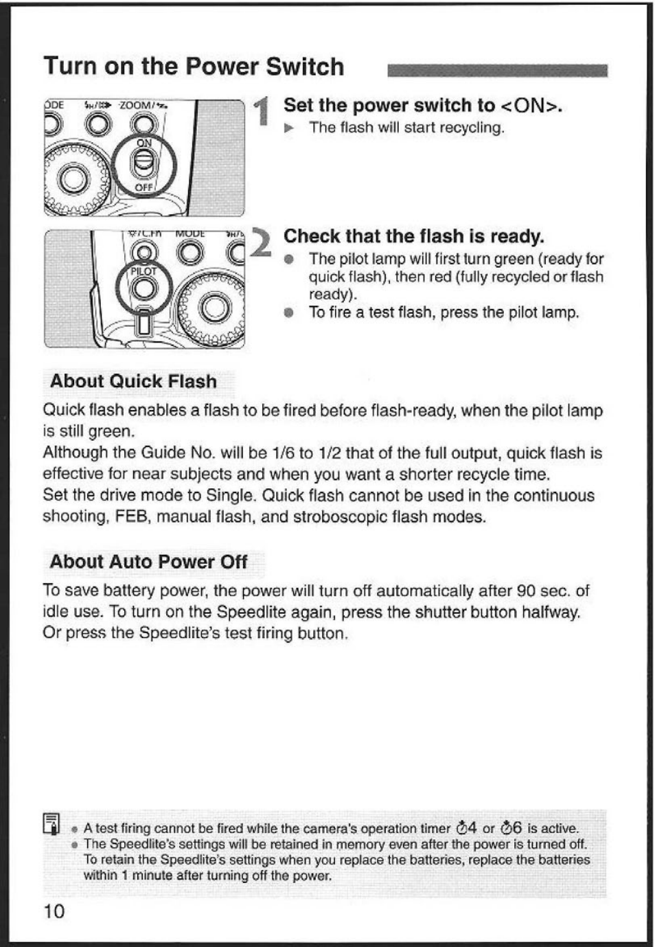 Set the power switch to <on, Check that the flash is ready, Turn on the power switch | About quick flash, About auto power off | Canon 580EX User Manual | Page 12 / 58