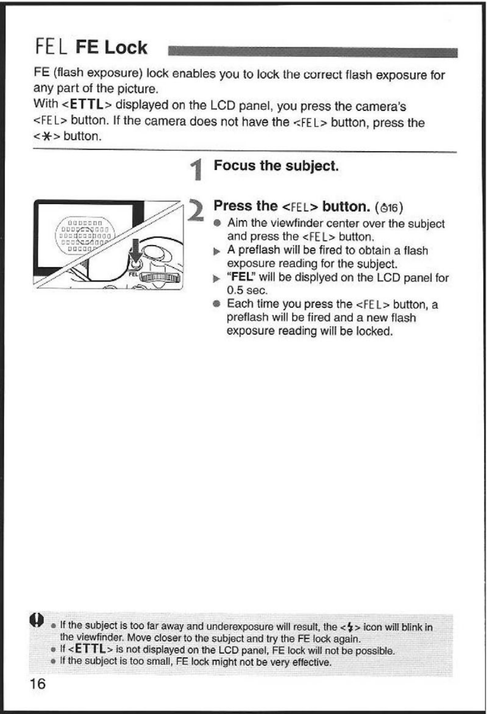 Fe l, Ettl, Focus the subject. press the | Button, It<ettl, Fe lock | Canon 580EX User Manual | Page 18 / 58