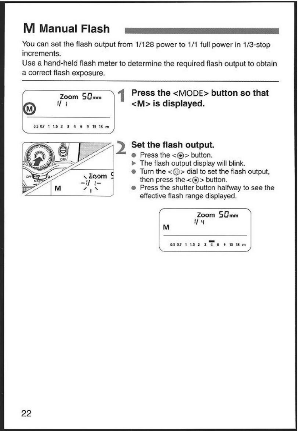 1 press the <mode> button so that <m> is displayed, M manual flash, Y set the flash output | Canon 580EX User Manual | Page 24 / 58