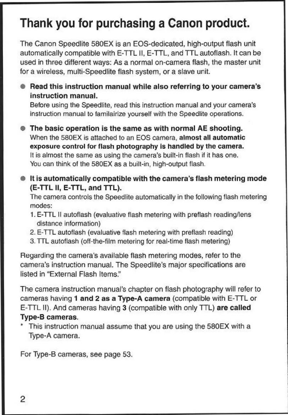Thank you for purchasing a canon product | Canon 580EX User Manual | Page 4 / 58