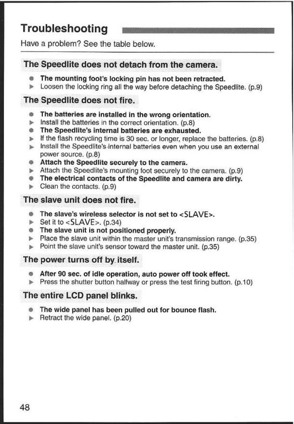 The power turns off by itself, Troubleshooting, The speedlite does not fire | The slave unit does not fire, The entire lcd panel blinks | Canon 580EX User Manual | Page 50 / 58