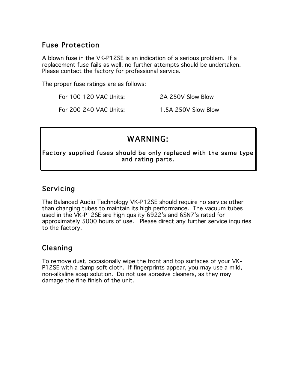 Warning | Balanced Audio VK-P12SE Phonostage User Manual | Page 13 / 17
