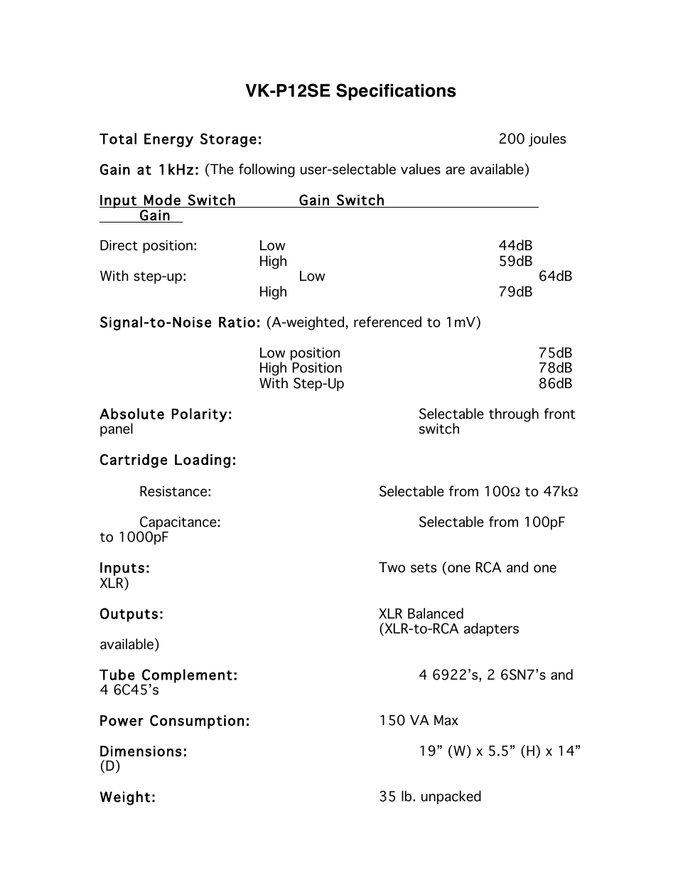 Vk-p12se specifications | Balanced Audio VK-P12SE Phonostage User Manual | Page 14 / 17