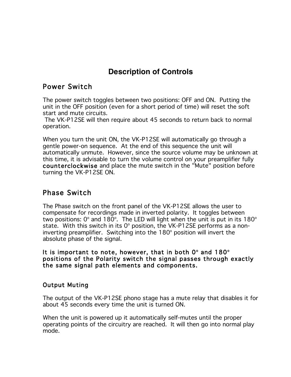 Description of controls, Power switch, Phase switch | Balanced Audio VK-P12SE Phonostage User Manual | Page 8 / 17