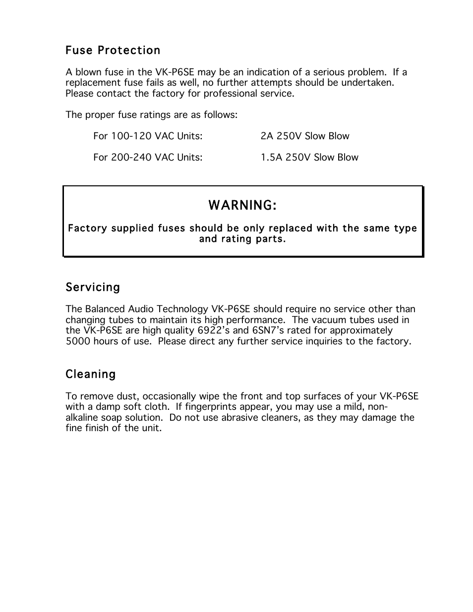 Warning | Balanced Audio VK-P6SE Phonostage User Manual | Page 11 / 13