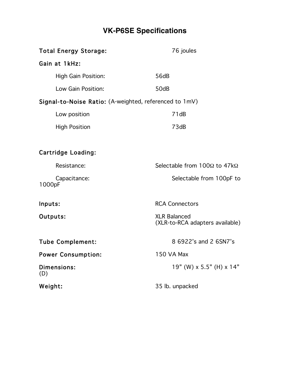Vk-p6se specifications | Balanced Audio VK-P6SE Phonostage User Manual | Page 12 / 13