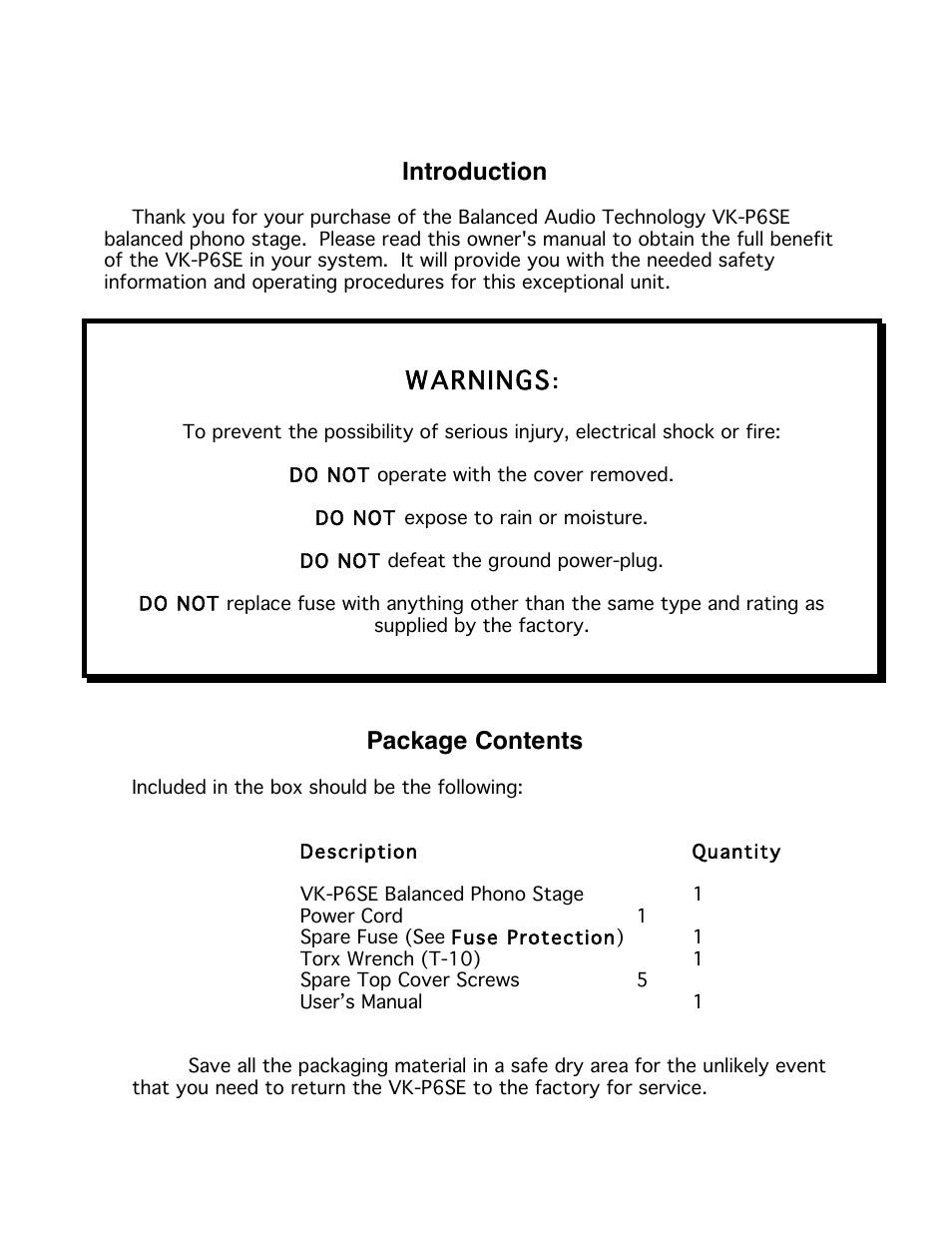 Introduction, Warnings, Package contents | Balanced Audio VK-P6SE Phonostage User Manual | Page 5 / 13