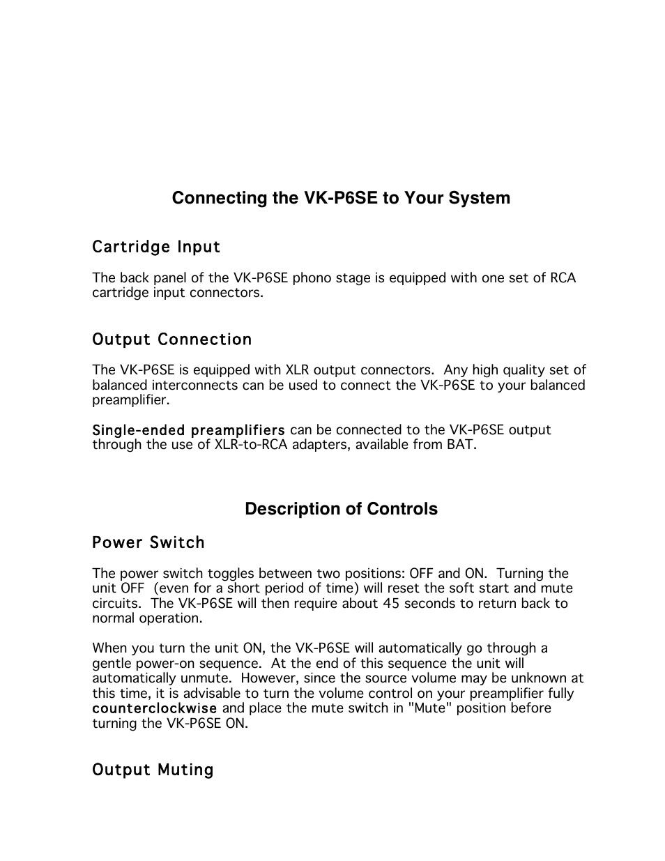 Connecting the vk-p6se to your system, Description of controls | Balanced Audio VK-P6SE Phonostage User Manual | Page 7 / 13