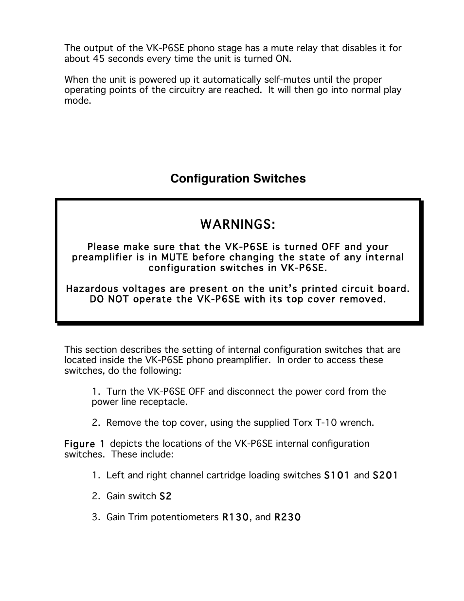 Configuration switches, Warnings | Balanced Audio VK-P6SE Phonostage User Manual | Page 8 / 13