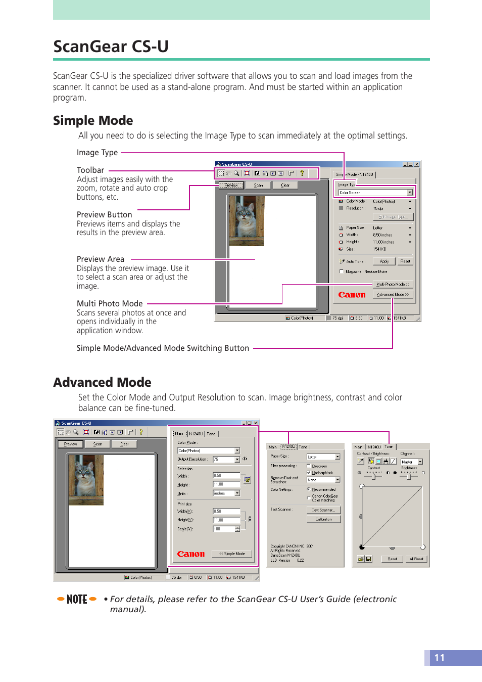 Scangear cs-u, Simple mode, Advanced mode | Canon CANOSCAN N676U User Manual | Page 11 / 19