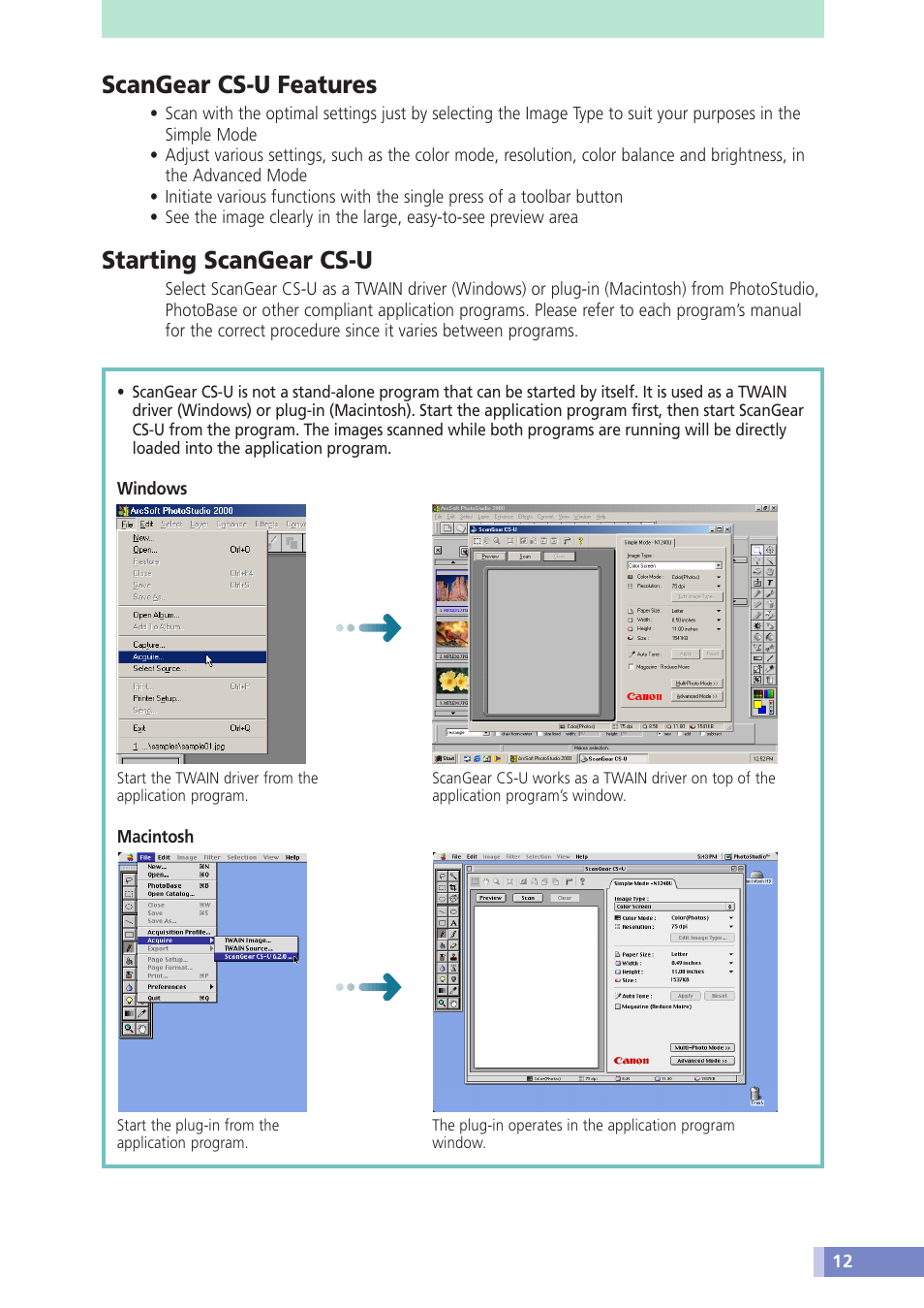 Scangear cs-u features, Starting scangear cs-u | Canon CANOSCAN N676U User Manual | Page 12 / 19