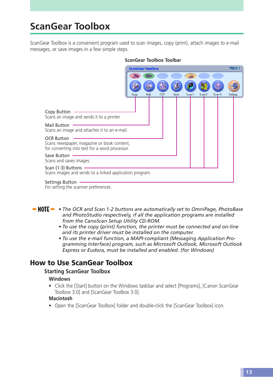 Scangear toolbox, How to use scangear toolbox | Canon CANOSCAN N676U User Manual | Page 13 / 19