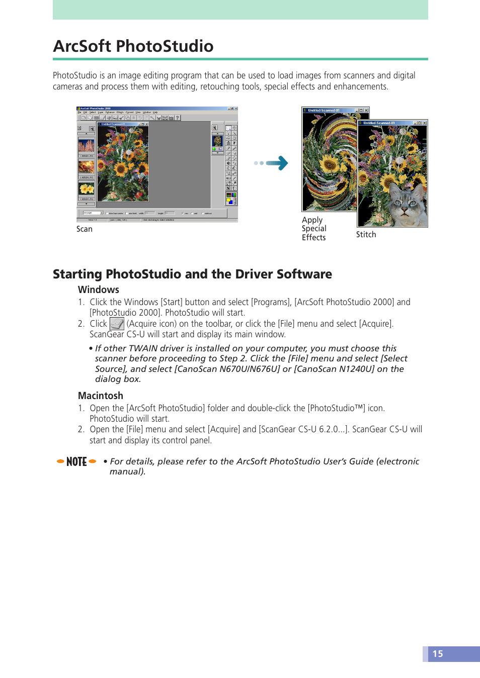 Arcsoft photostudio, Starting photostudio and the driver software | Canon CANOSCAN N676U User Manual | Page 15 / 19