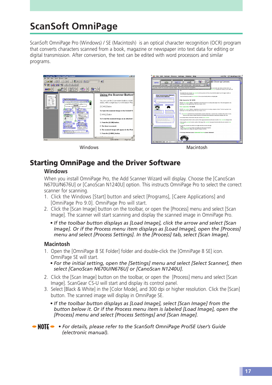 Scansoft omnipage, Starting omnipage and the driver software | Canon CANOSCAN N676U User Manual | Page 17 / 19