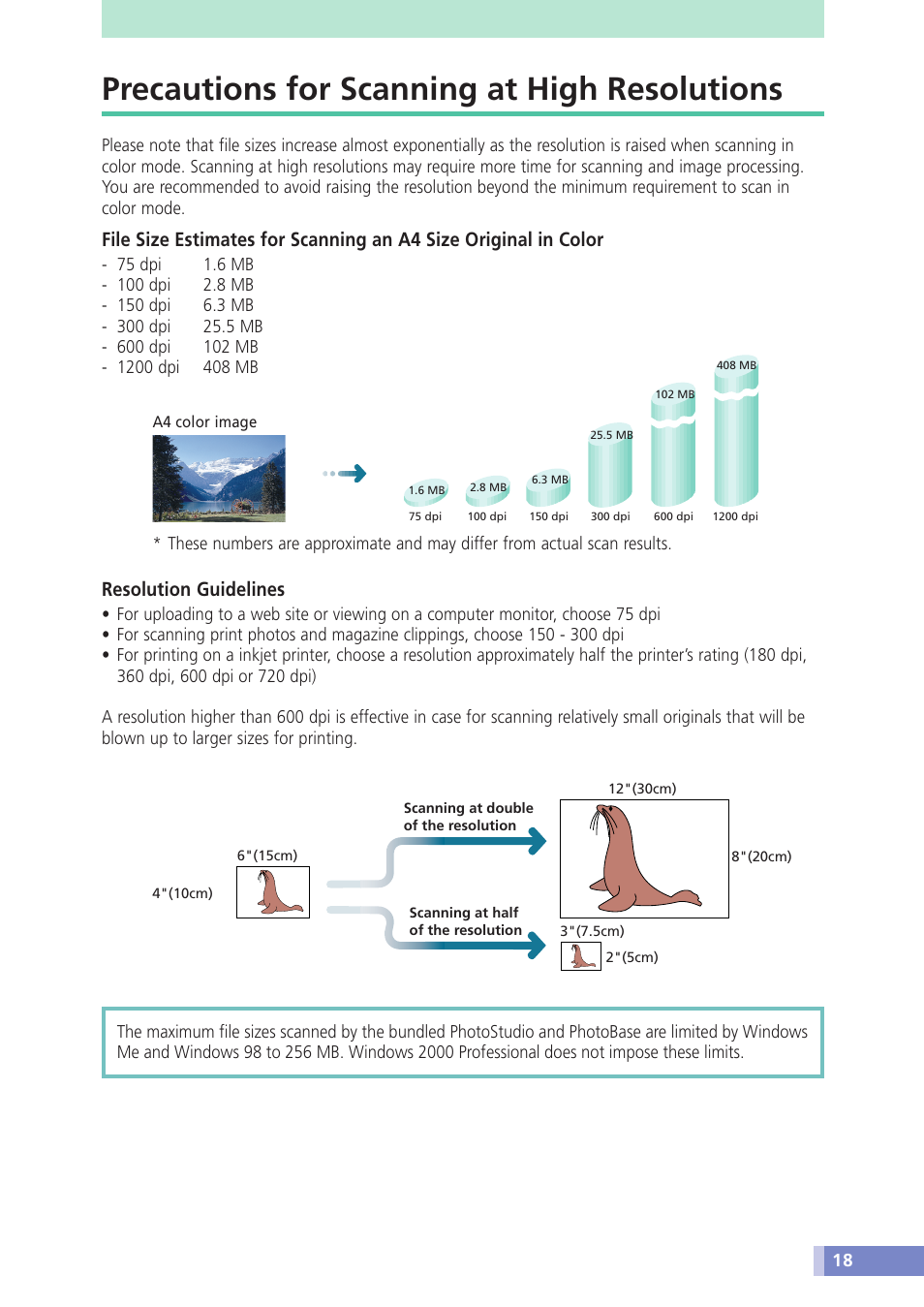 Precautions for scanning at high resolutions, Resolution guidelines | Canon CANOSCAN N676U User Manual | Page 18 / 19