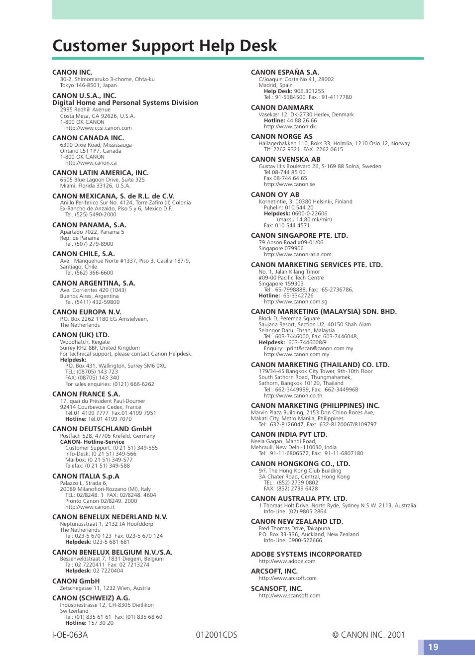 Customer support help desk | Canon CANOSCAN N676U User Manual | Page 19 / 19