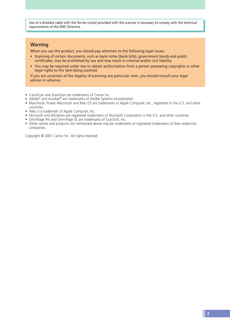 Warning | Canon CANOSCAN N676U User Manual | Page 2 / 19