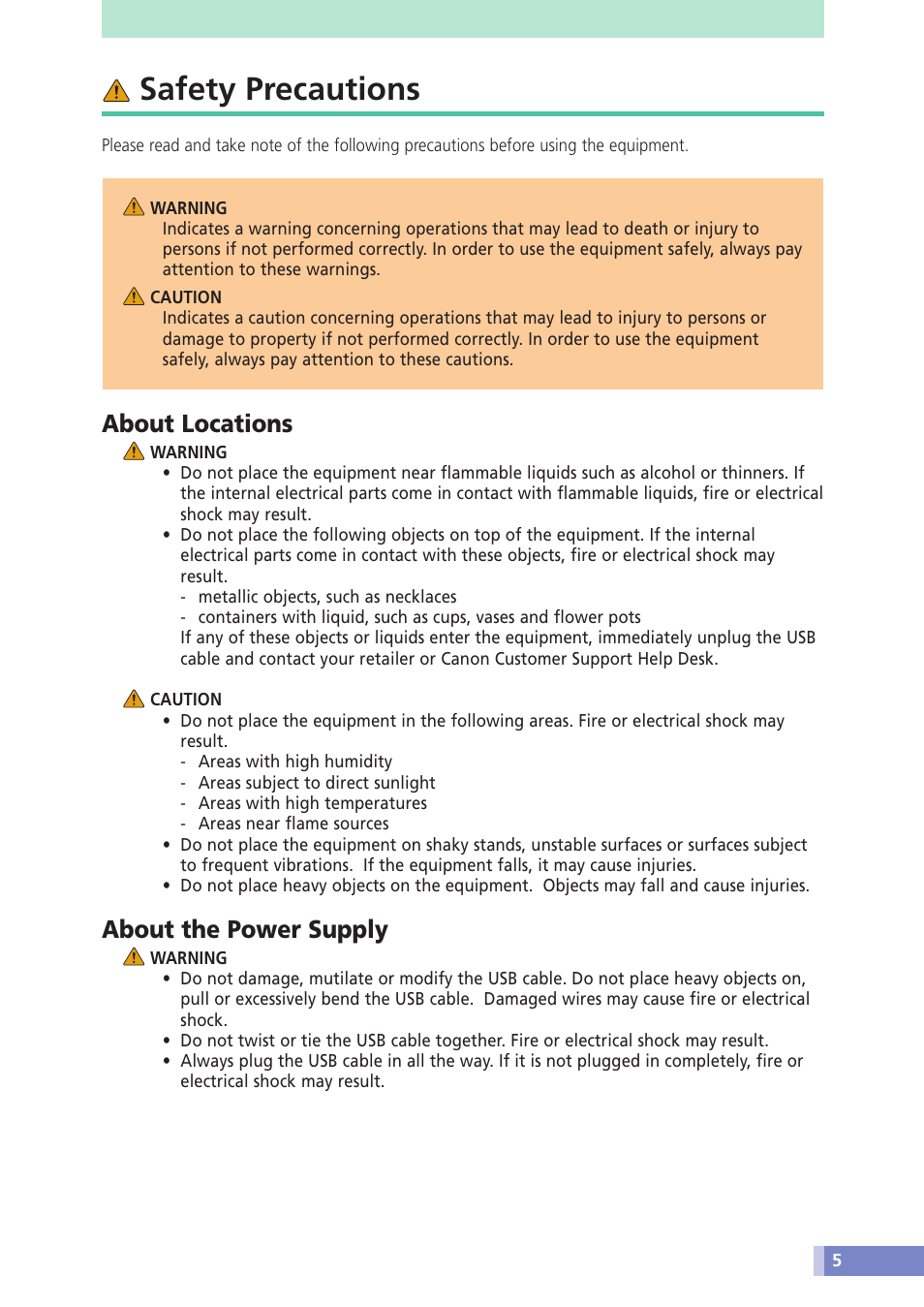 Safety precautions, About locations, About the power supply | Canon CANOSCAN N676U User Manual | Page 5 / 19