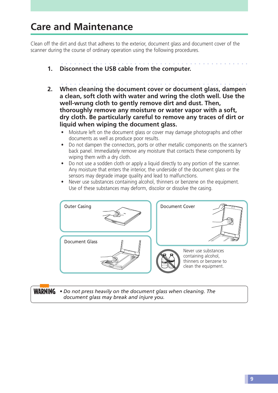 Care and maintenance, Disconnect the usb cable from the computer | Canon CANOSCAN N676U User Manual | Page 9 / 19