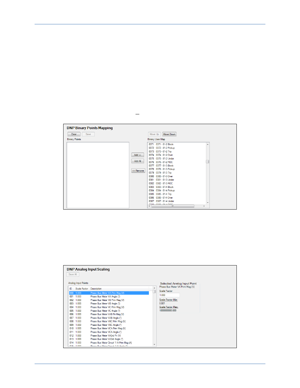 Dnp binary points mapping, Dnp analog input and output scaling | Basler Electric BE1-11m User Manual | Page 276 / 604