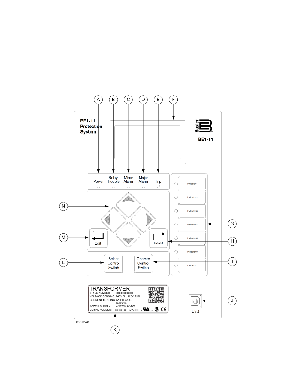 Controls and indicators, Illustrations and descriptions | Basler Electric BE1-11t User Manual | Page 35 / 554