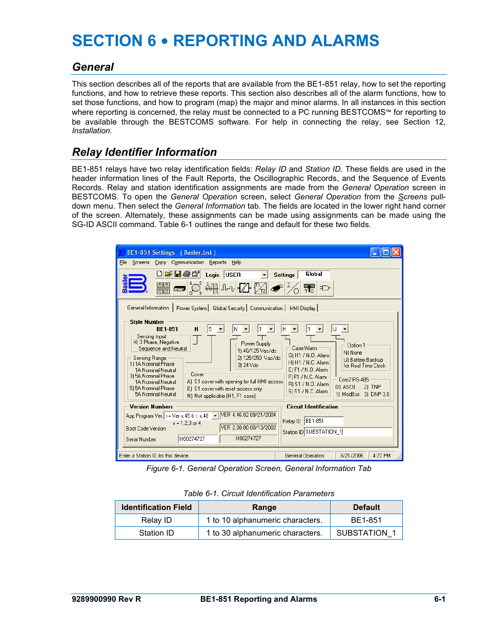 General, Relay identifier information, Section 6 • reporting and alarms -1 | General -1, Relay identifier information -1, Table 6-1. circuit identification parameters -1 | Basler Electric BE1-851 User Manual | Page 103 / 364