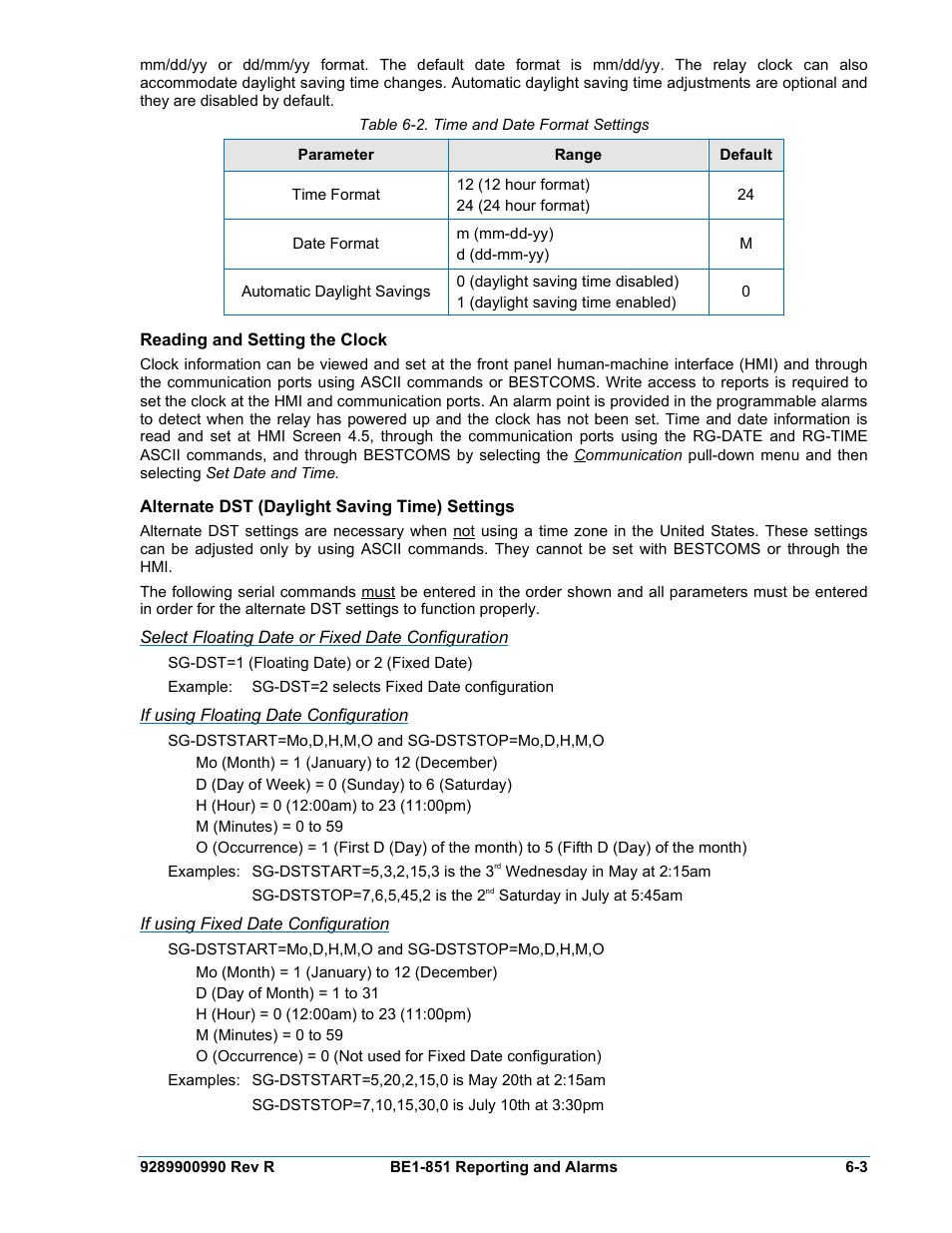 Reading and setting the clock, Alternate dst (daylight saving time) settings, Select floating date or fixed date configuration | If using floating date configuration, If using fixed date configuration, Reading and setting the clock -3, Alternate dst (daylight saving time) settings -3, Table 6-2. time and date format settings -3 | Basler Electric BE1-851 User Manual | Page 105 / 364