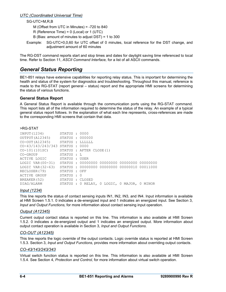 Utc (coordinated universal time), General status reporting, General status report | Input (1234), Output (a12345), Co-out (a12345), Co-43/143/243/343, General status reporting -4, General status report -4 | Basler Electric BE1-851 User Manual | Page 106 / 364