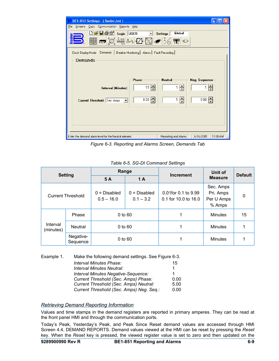 Retrieving demand reporting information, Table 6-5. sg-di command settings -9 | Basler Electric BE1-851 User Manual | Page 111 / 364