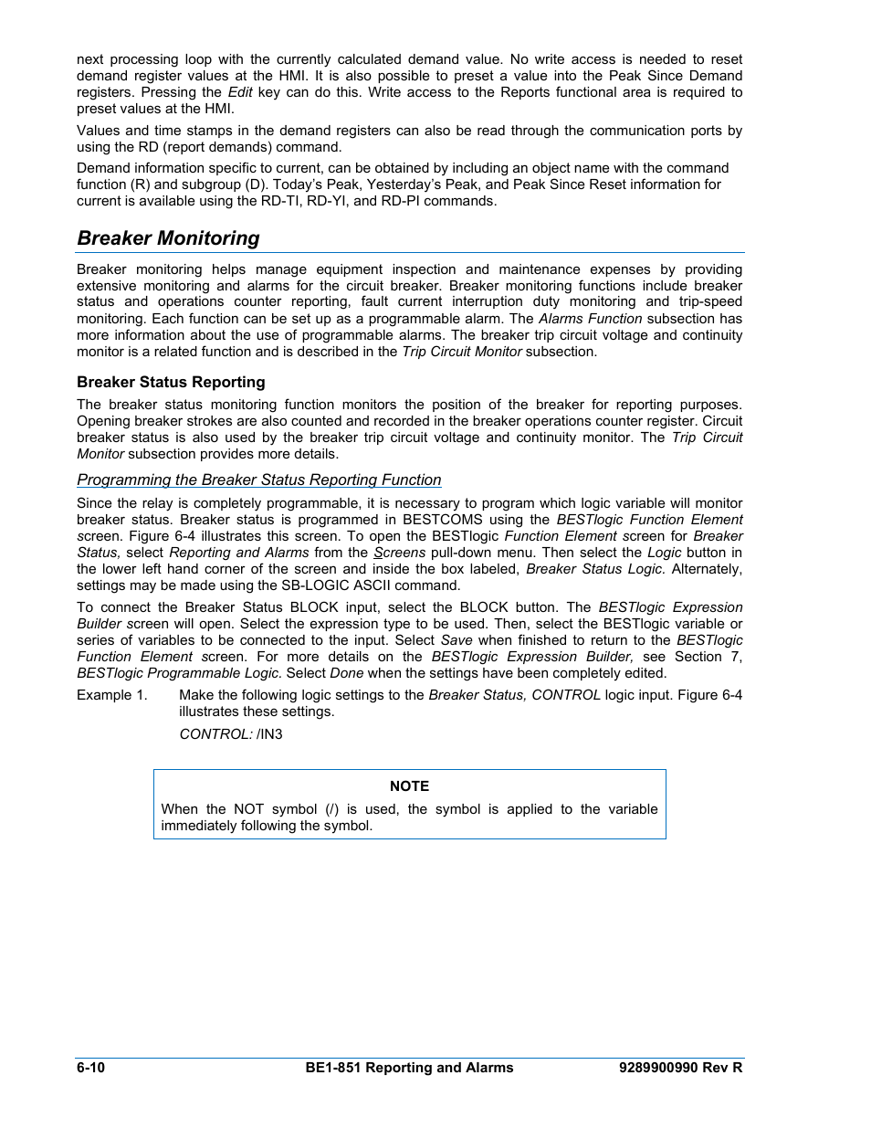 Breaker monitoring, Breaker status reporting, Programming the breaker status reporting function | Breaker monitoring -10, Breaker status reporting -10 | Basler Electric BE1-851 User Manual | Page 112 / 364