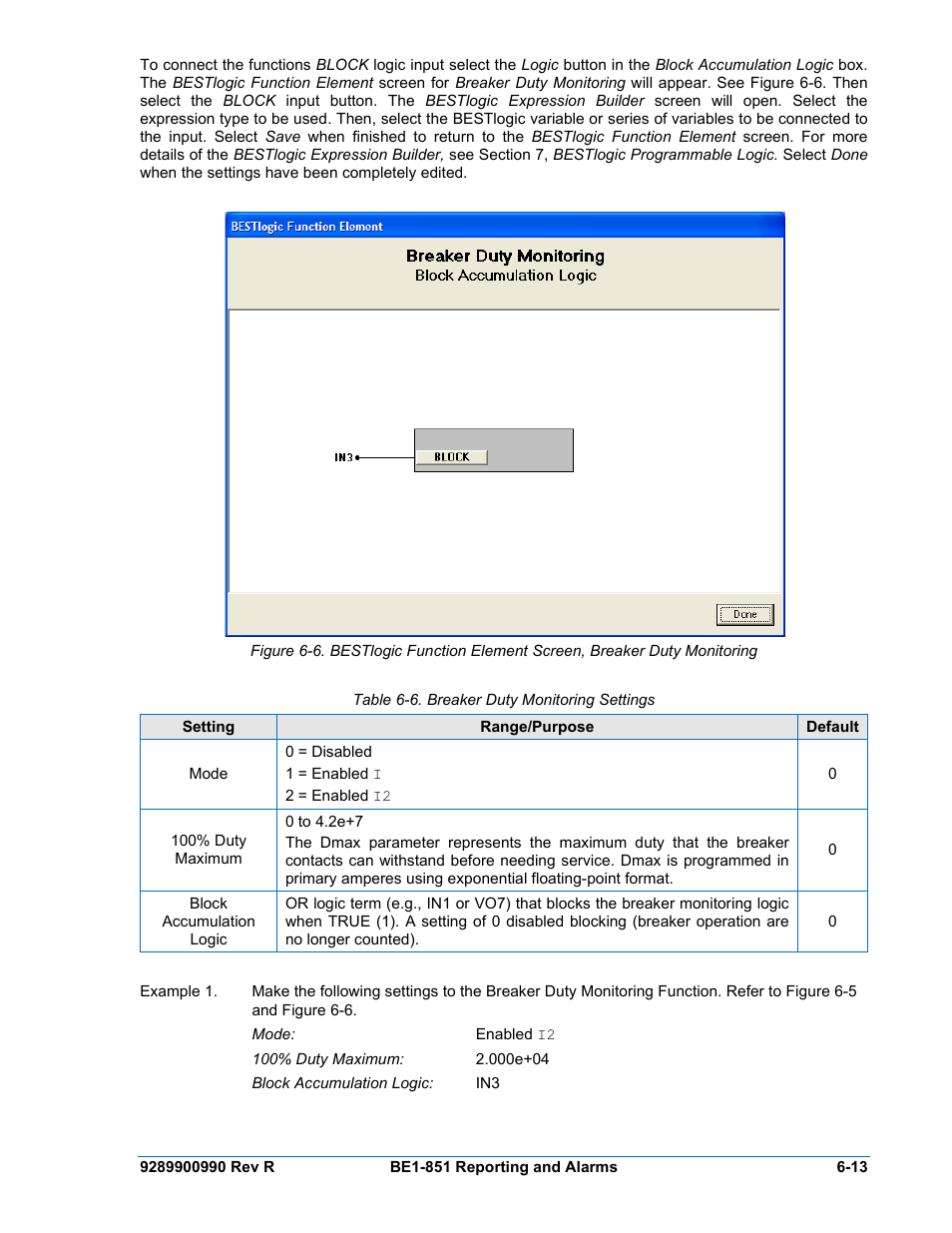 Table 6-6. breaker duty monitoring settings -13 | Basler Electric BE1-851 User Manual | Page 115 / 364