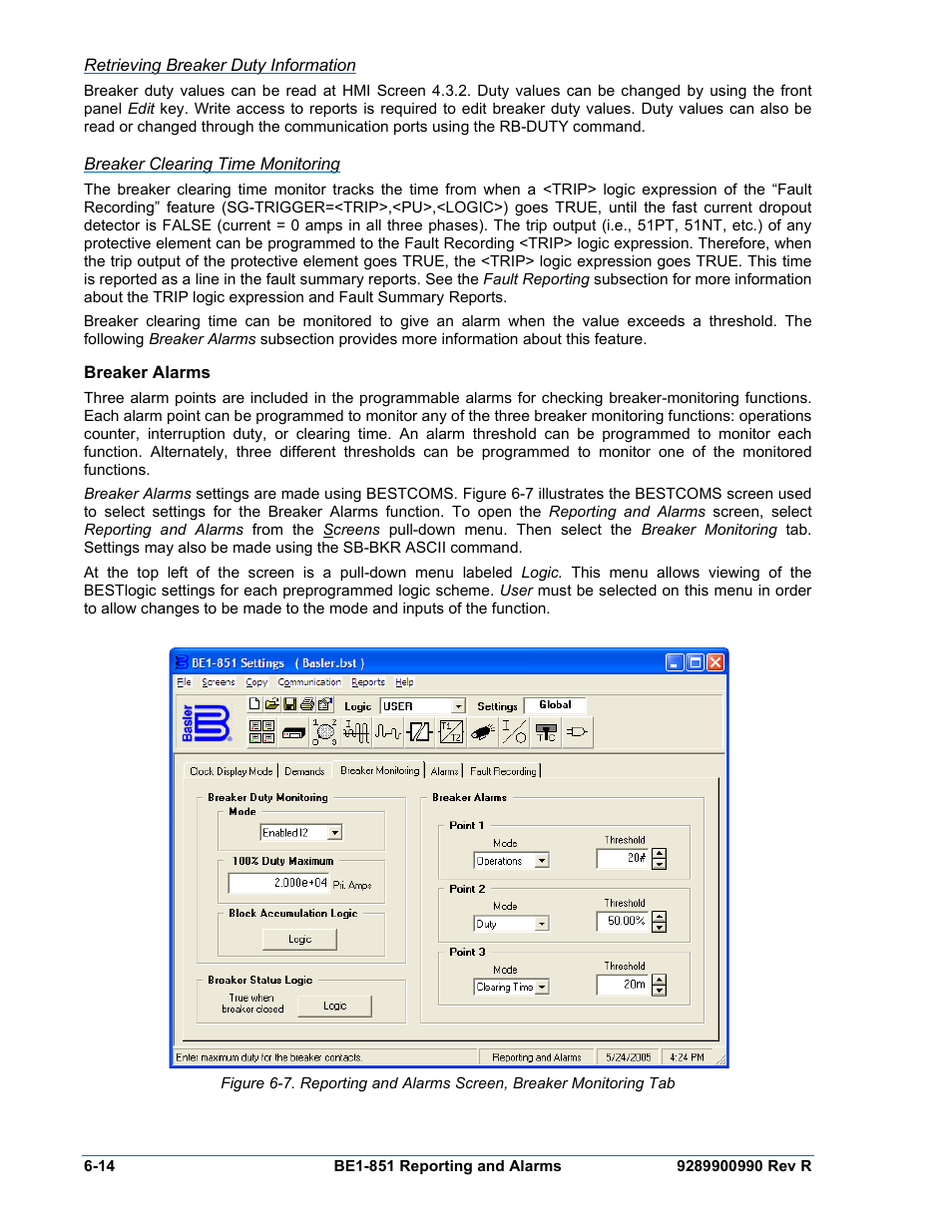 Retrieving breaker duty information, Breaker clearing time monitoring, Breaker alarms | Breaker alarms -14 | Basler Electric BE1-851 User Manual | Page 116 / 364