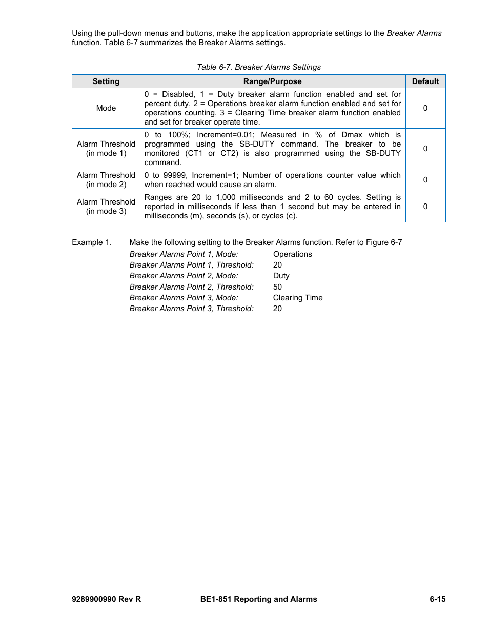 Table 6-7. breaker alarms settings -15 | Basler Electric BE1-851 User Manual | Page 117 / 364