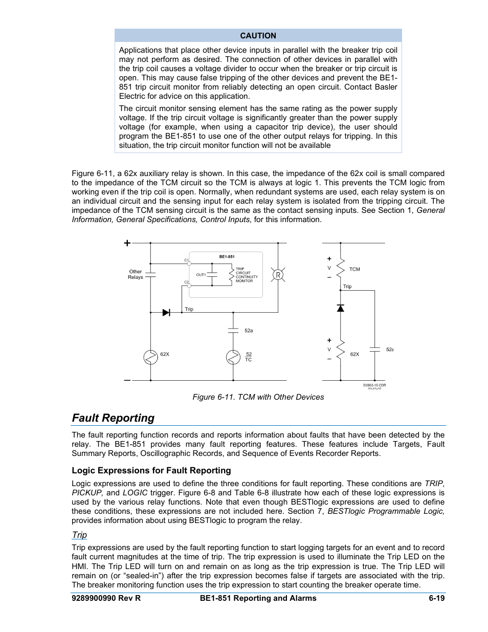 Fault reporting, Logic expressions for fault reporting, Trip | Fault reporting -19, Logic expressions for fault reporting -19, Figure 6-11. tcm with other devices -19 | Basler Electric BE1-851 User Manual | Page 121 / 364