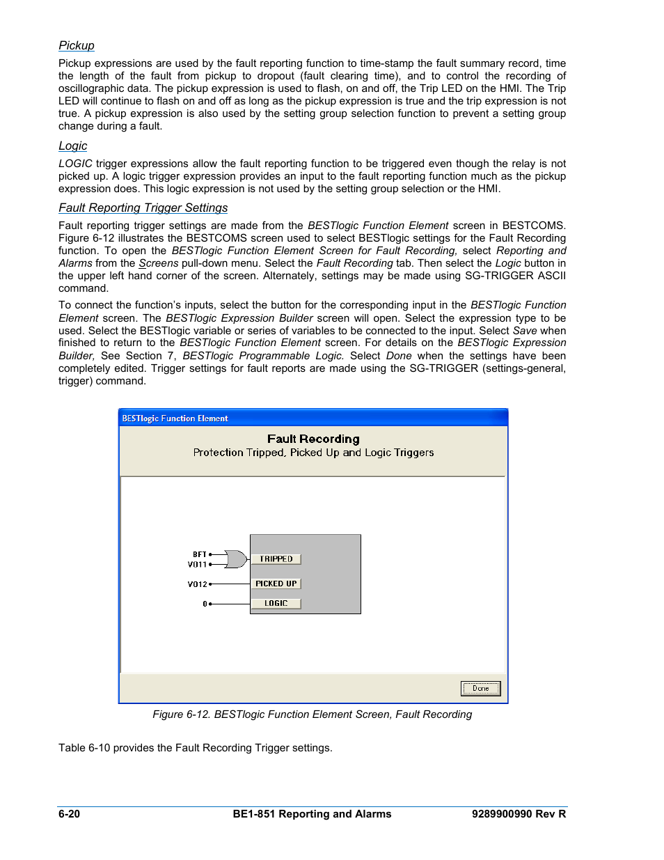 Pickup, Logic, Fault reporting trigger settings | Basler Electric BE1-851 User Manual | Page 122 / 364