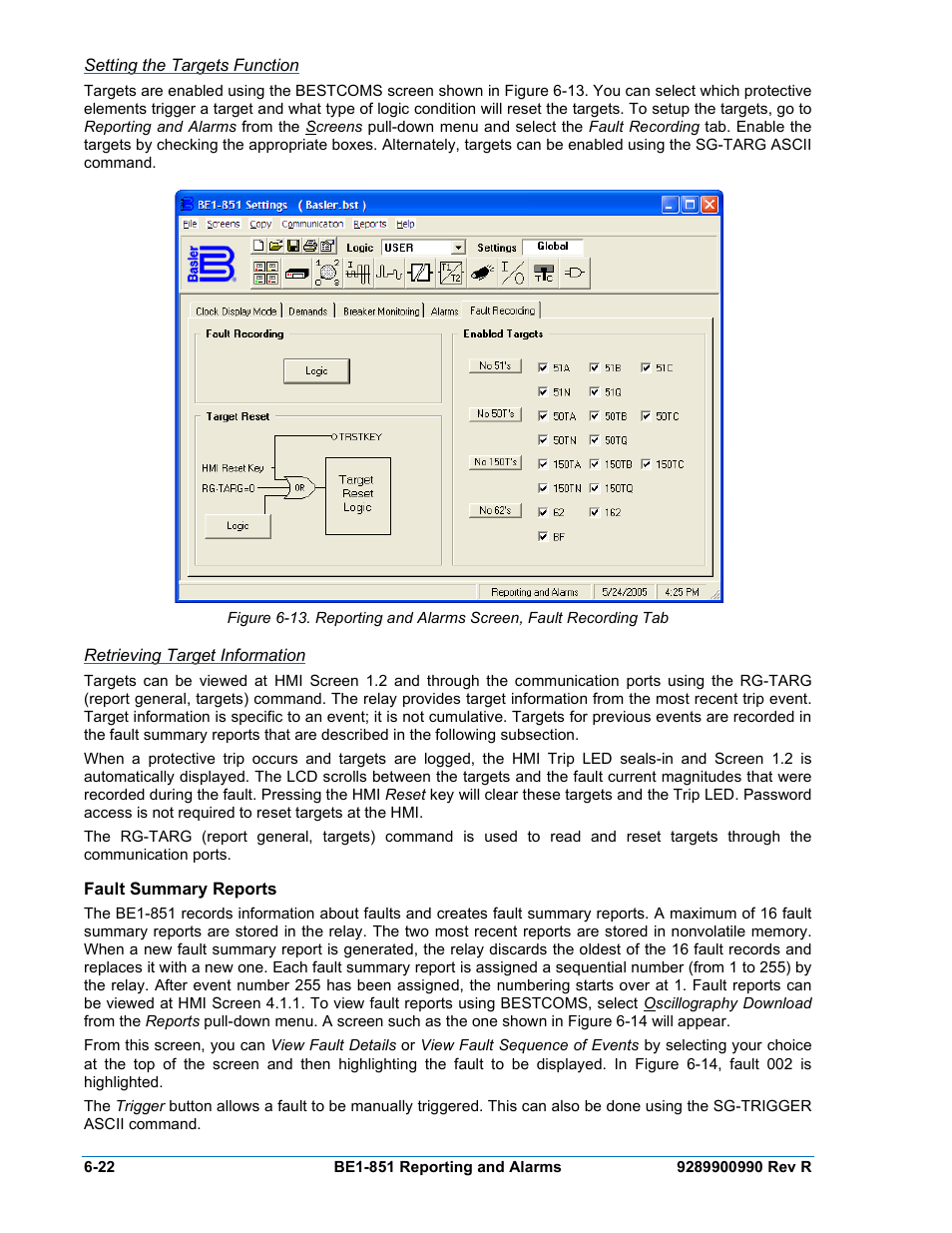 Setting the targets function, Retrieving target information, Fault summary reports | Fault summary reports -22 | Basler Electric BE1-851 User Manual | Page 124 / 364