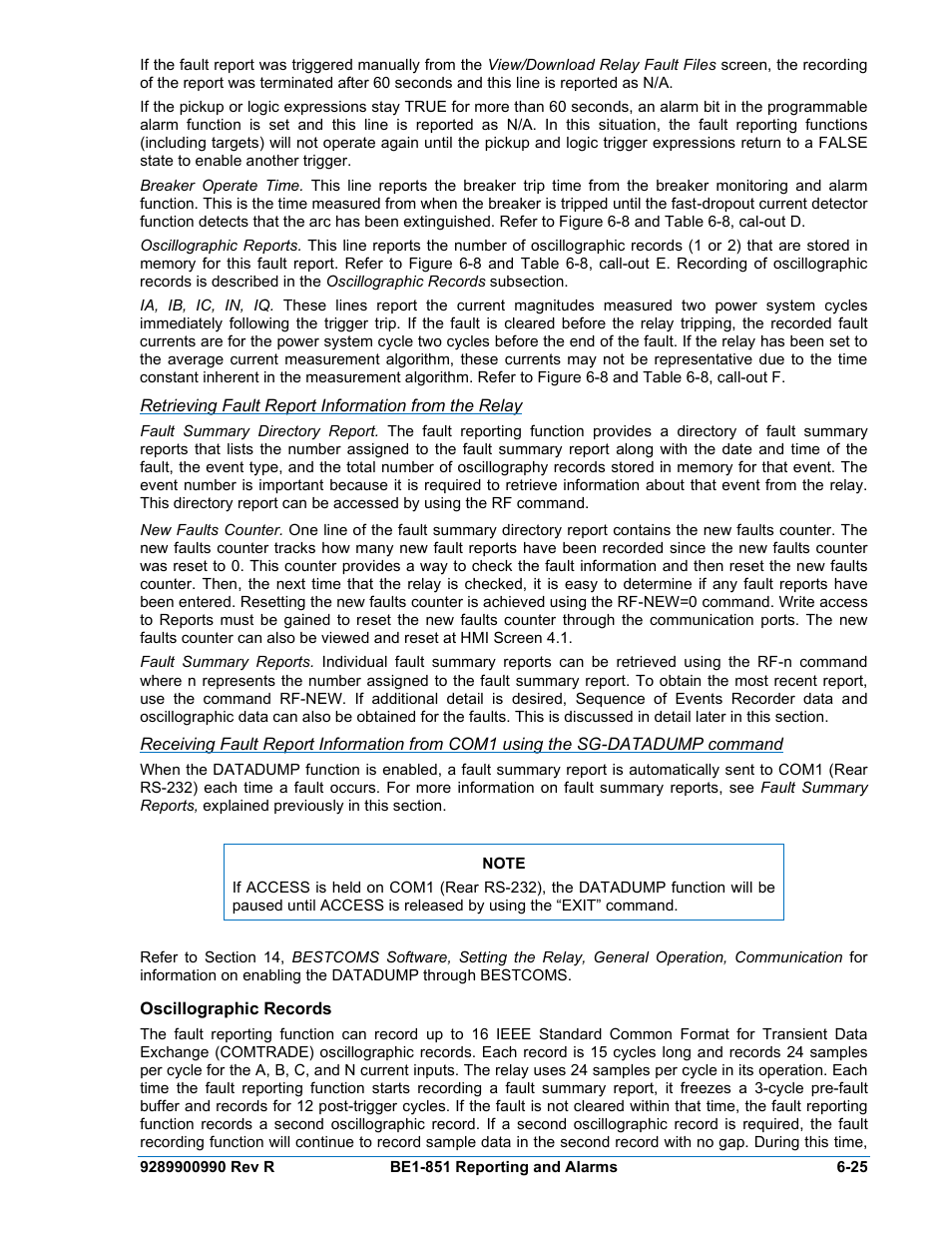 Retrieving fault report information from the relay, Oscillographic records, Oscillographic records -25 | Basler Electric BE1-851 User Manual | Page 127 / 364