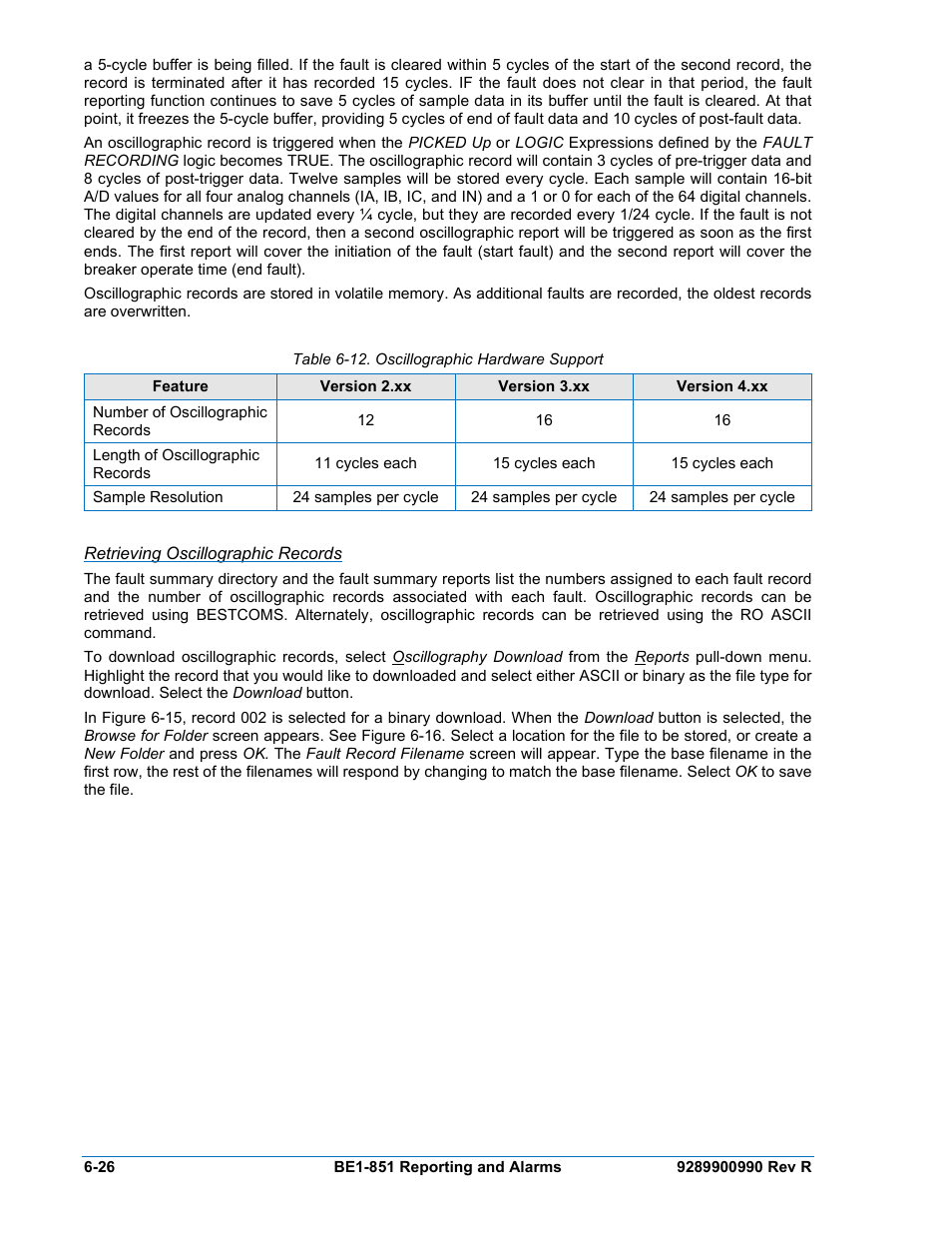Retrieving oscillographic records, Table 6-12. oscillographic hardware support -26 | Basler Electric BE1-851 User Manual | Page 128 / 364