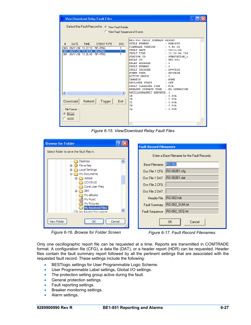 Figure 6-15. view/download relay fault files -27, Figure 6-16. browse for folder screen -27, Figure 6-17. fault record filenames -27 | Basler Electric BE1-851 User Manual | Page 129 / 364