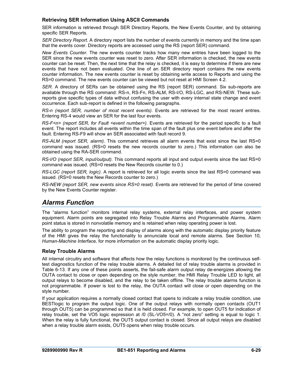 Retrieving ser information using ascii commands, Alarms function, Relay trouble alarms | Alarms function -29, Relay trouble alarms -29 | Basler Electric BE1-851 User Manual | Page 131 / 364