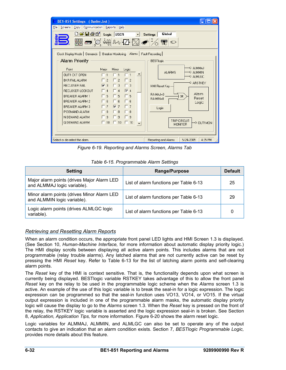 Retrieving and resetting alarm reports, Table 6-15. programmable alarm settings -32 | Basler Electric BE1-851 User Manual | Page 134 / 364