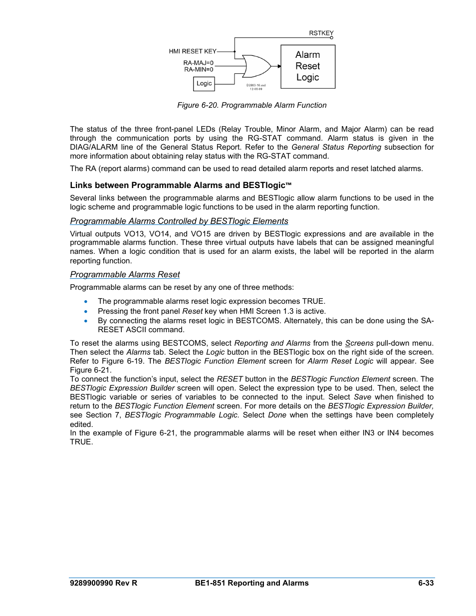 Links between programmable alarms and bestlogic, Programmable alarms reset, Figure 6-20. programmable alarm function -33 | Figure 6-20 | Basler Electric BE1-851 User Manual | Page 135 / 364
