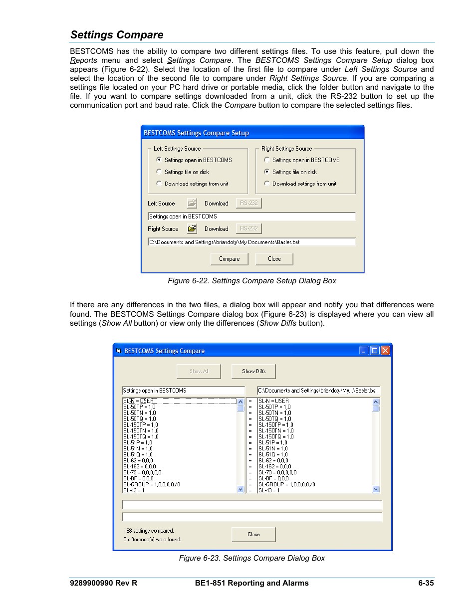 Settings compare, Settings compare -35, Figure 6-22. settings compare setup dialog box -35 | Figure 6-23. settings compare dialog box -35 | Basler Electric BE1-851 User Manual | Page 137 / 364